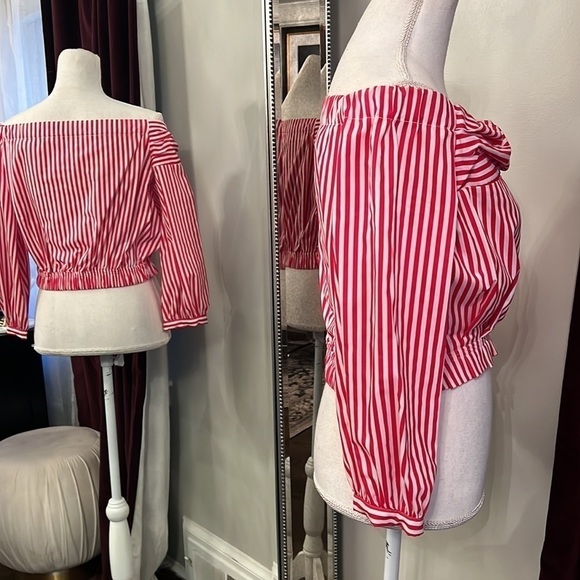 Zara Red and White Stripped Off The Shoulder Crop Top Size Small - Picture 6 of 8